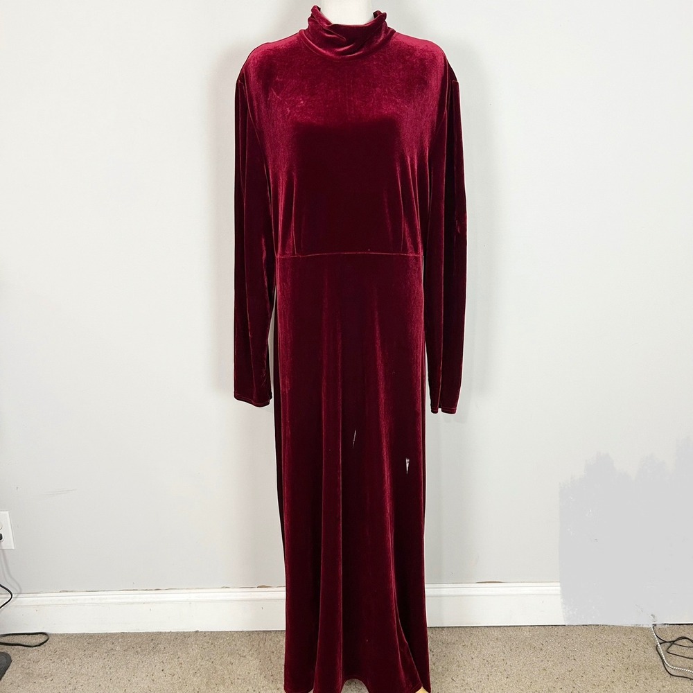 Vintage Women's Long Dress Burgundy Velvet Mock Neck Size Large Tall Womens